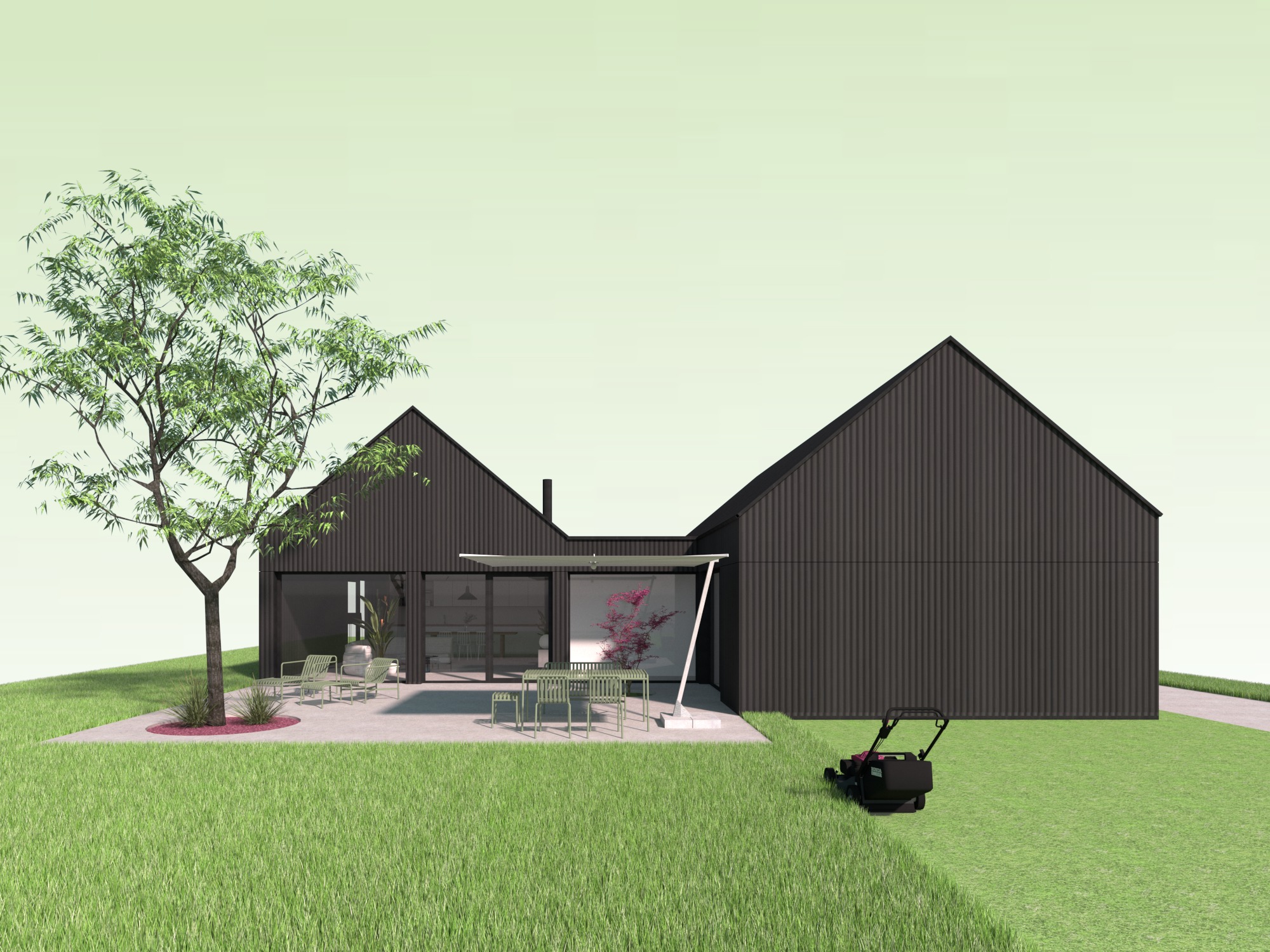 Wizualizacja nowoczesnego domu jednorodzinnego z czarną, falistą elewacją, tarasem z meblami ogrodowymi i świeżo skoszonego trawnika z kosiarką.