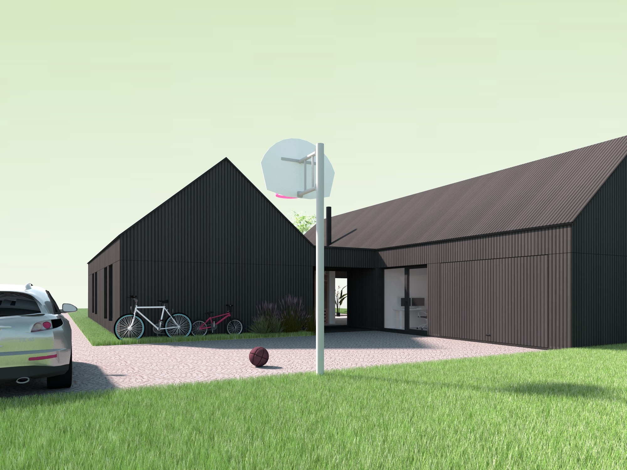Wizualizacja nowoczesnego domu jednorodzinnego z czarną, pionowo żebrowaną elewacją, z samochodem, rowerami i koszem do koszykówki na podjeździe.