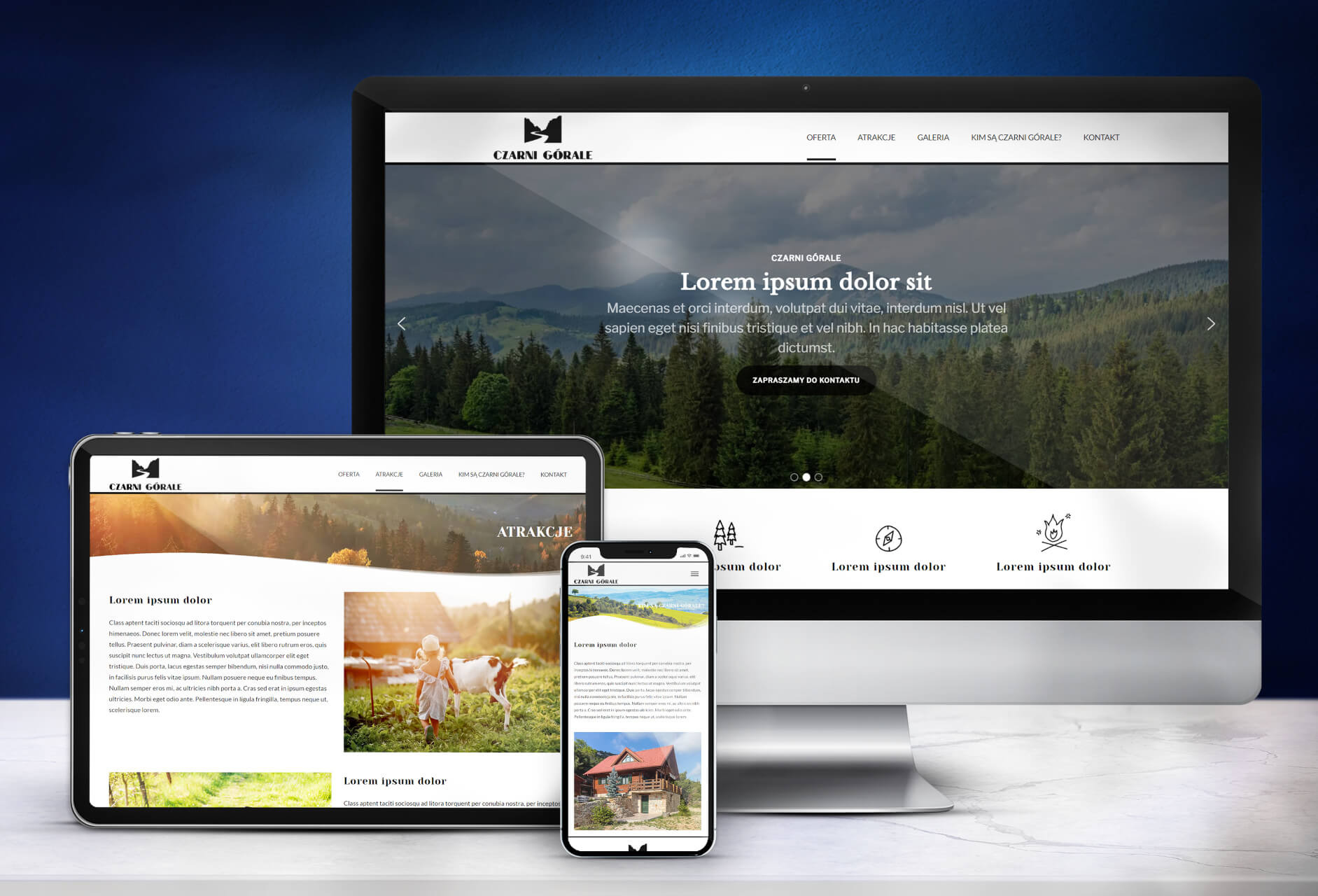Responsywna strona internetowa 'Czarni Górale' wyświetlana na monitorze, tablecie i smartfonie, prezentująca górski krajobraz i menu nawigacyjne.