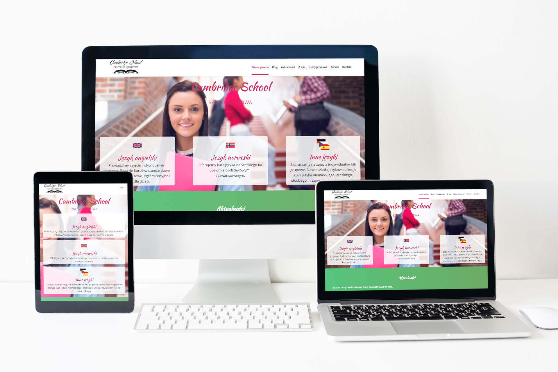 Responsywna strona internetowa szkoły językowej 'Cambridge School' wyświetlana na monitorze, tablecie i laptopie, z widoczną ofertą kursów językowych: angielskiego, norweskiego i innych.