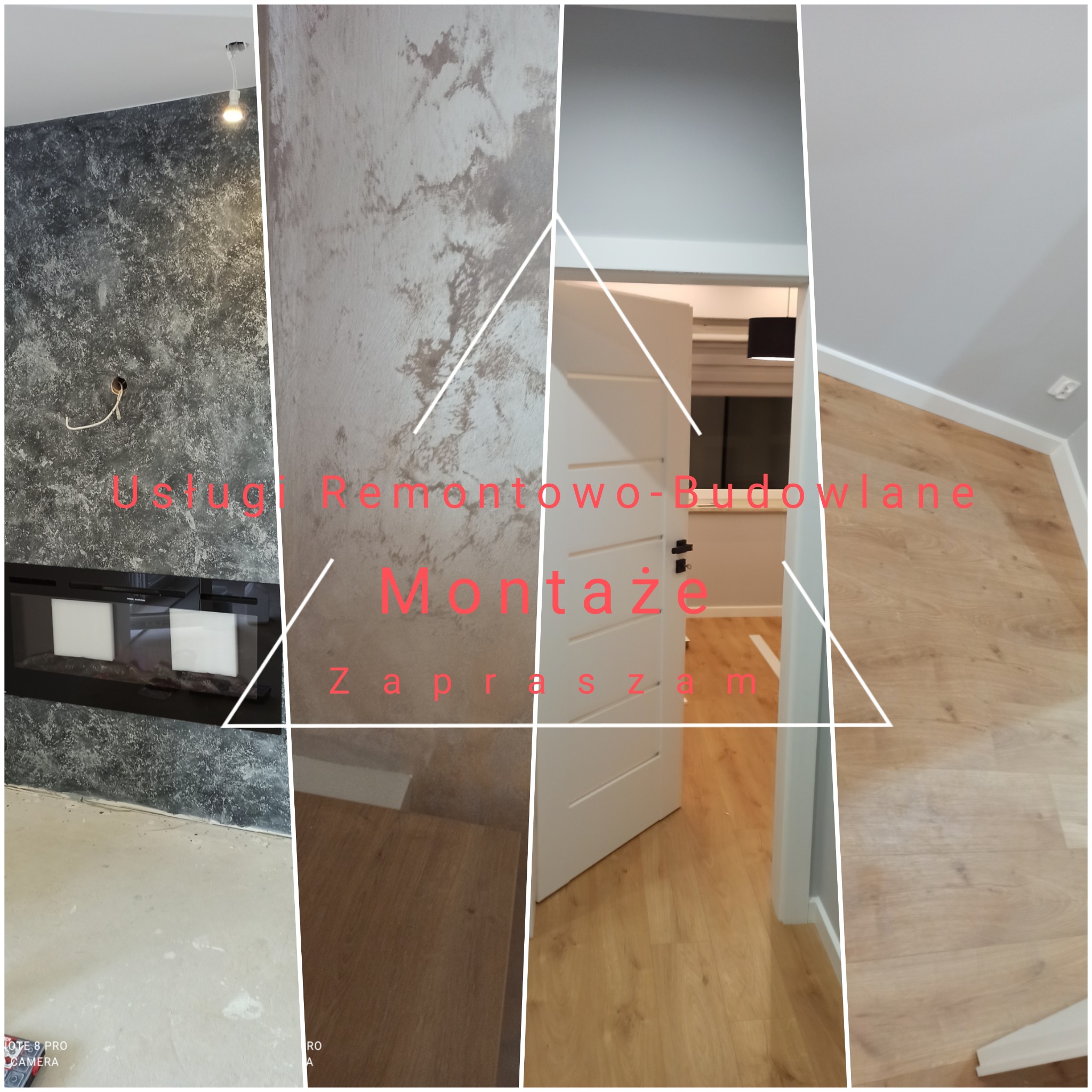 Mozaika czterech ujęć wnętrza: ściana z efektem betonu z kominkiem elektrycznym, ściana z dekoracyjną fakturą, białe drzwi wewnętrzne z widokiem na pokój oraz fragment podłogi z paneli z listwami...