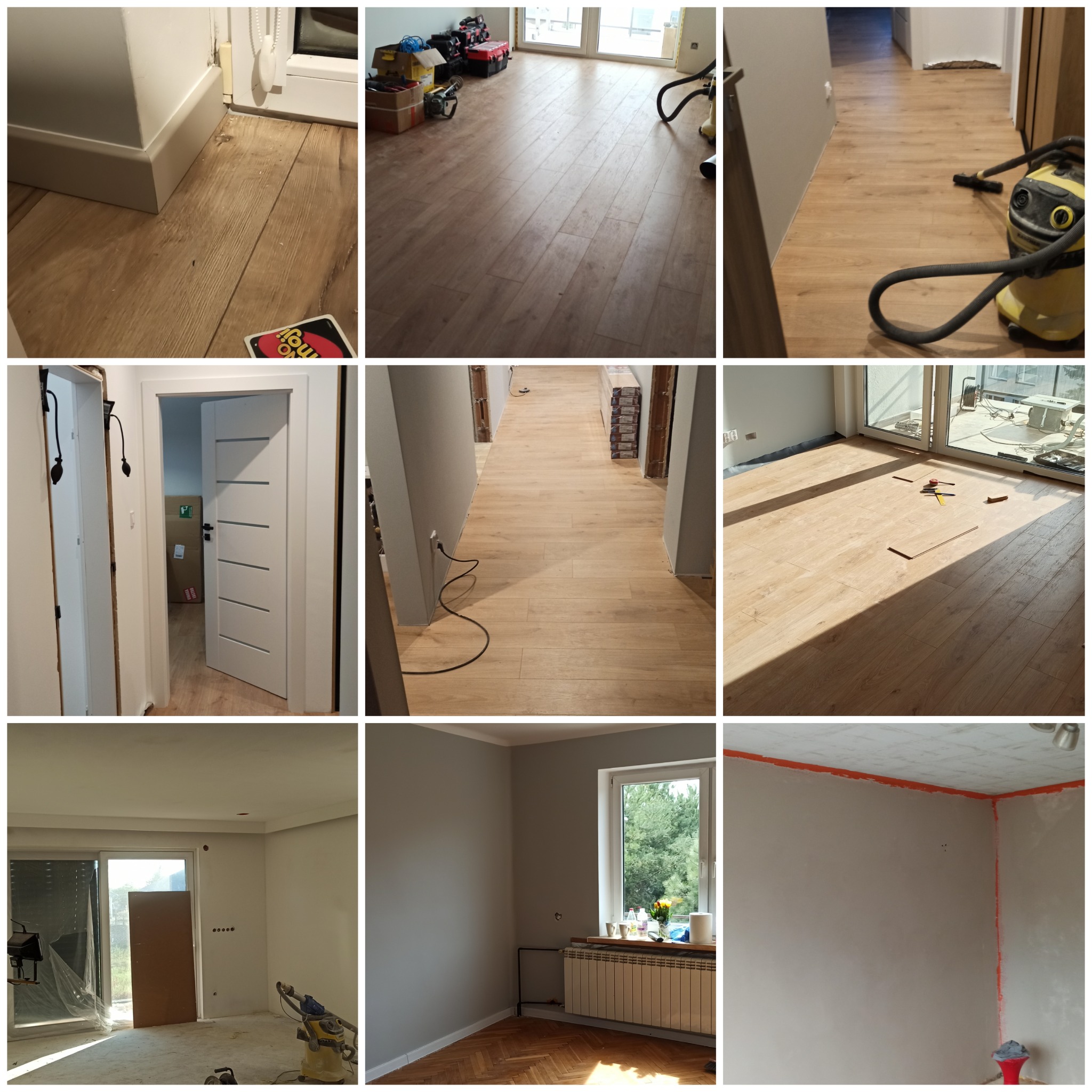 Kolaż zdjęć przedstawiających różne etapy układania podłogi z paneli drewnopodobnych w mieszkaniu, widoczne narzędzia pracy, odkurzacz przemysłowy oraz fragmenty ścian i drzwi.