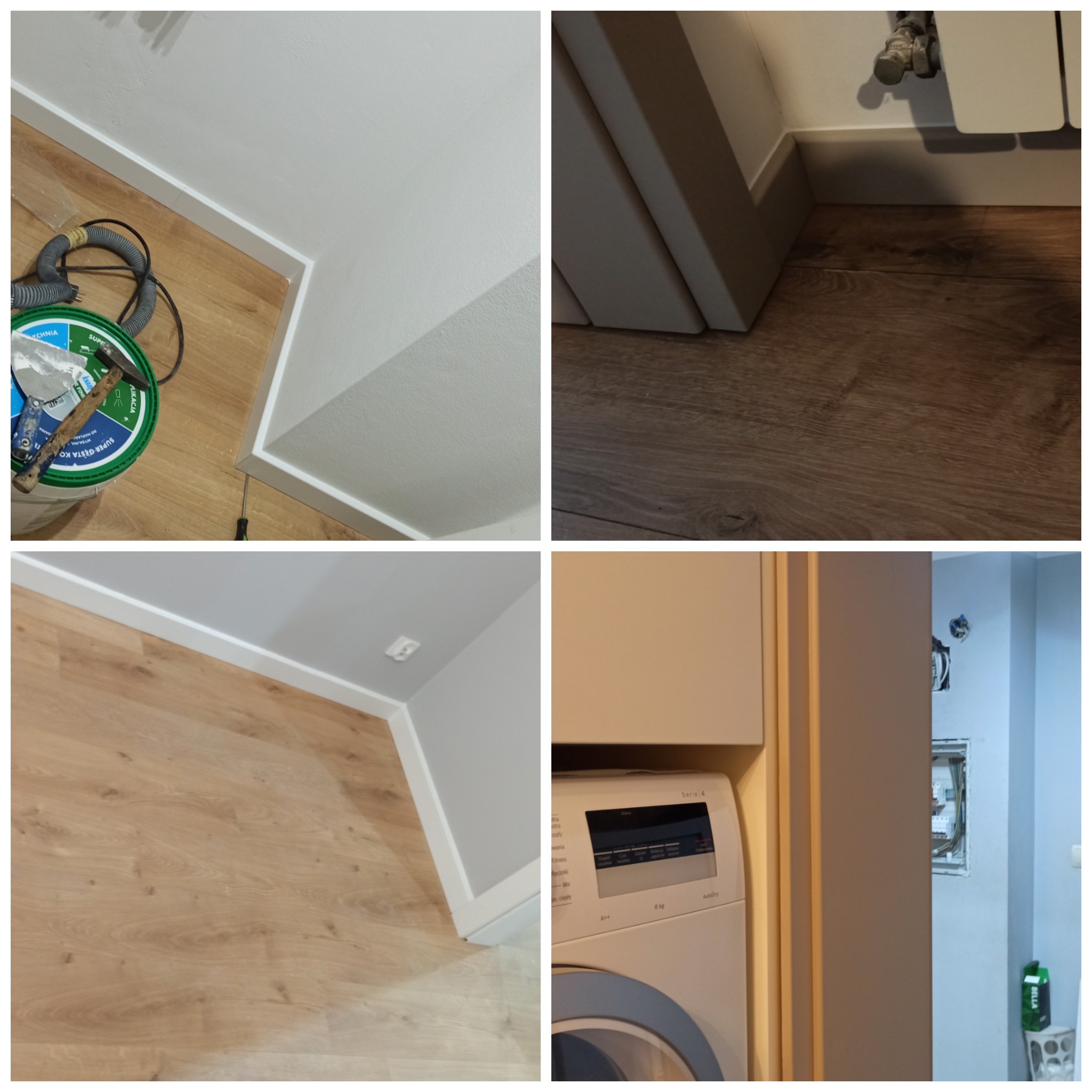 Kompozycja czterech ujęć: narożnik ściany z listwą przypodłogową i narzędziami malarskimi, zbliżenie listwy przypodłogowej przy grzejniku i panelach, fragment ściany z listwą i podłogą,...