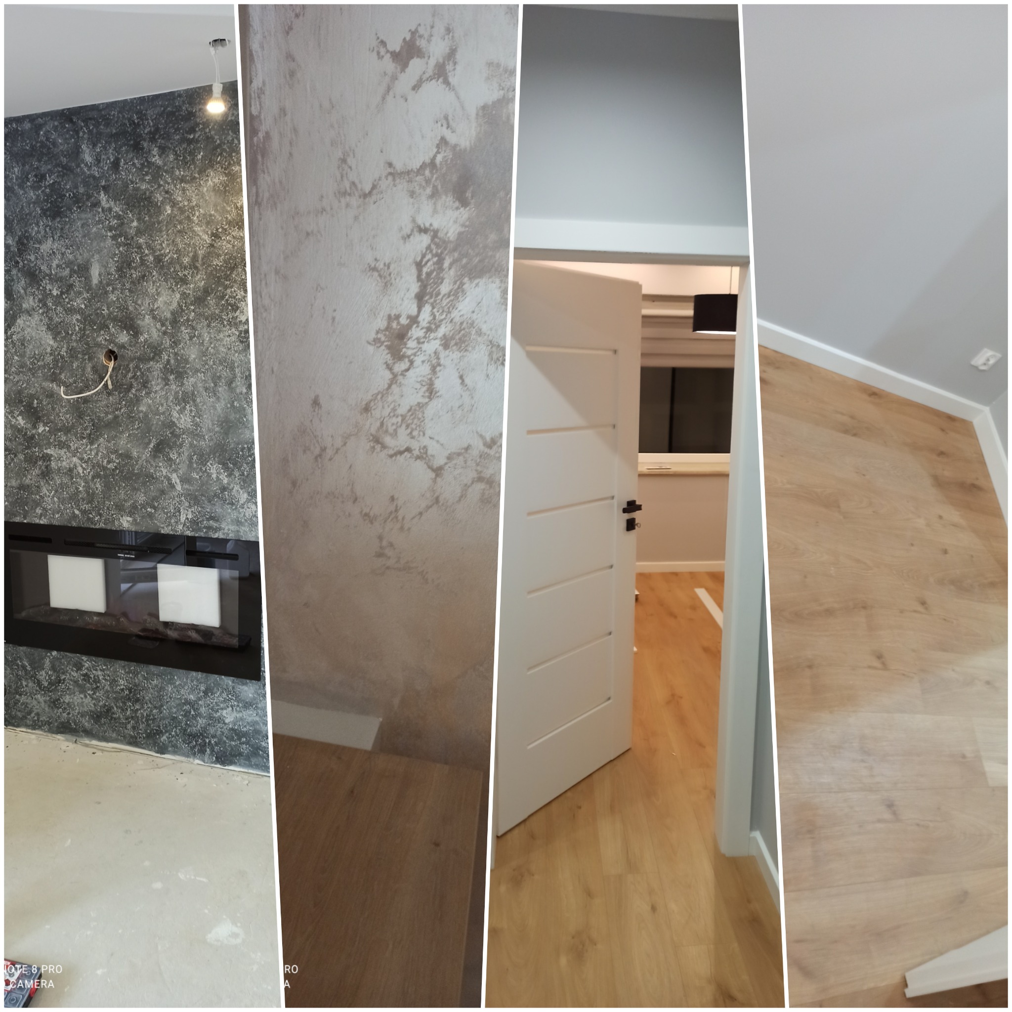 Mozaika wykończeniowa ściany w odcieniach szarości z elektrycznym kominkiem, dekoracyjna ściana w odcieniach beżu, białe drzwi wewnętrzne z poziomymi frezami i panele podłogowe w kolorze jasnego...