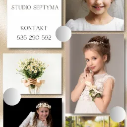 Kolaż zdjęć z Pierwszej Komunii Świętej dziewczynek w białych sukienkach, z kwiatami i wiankami, na różnych tłach, obok reklama Studia Septyma.