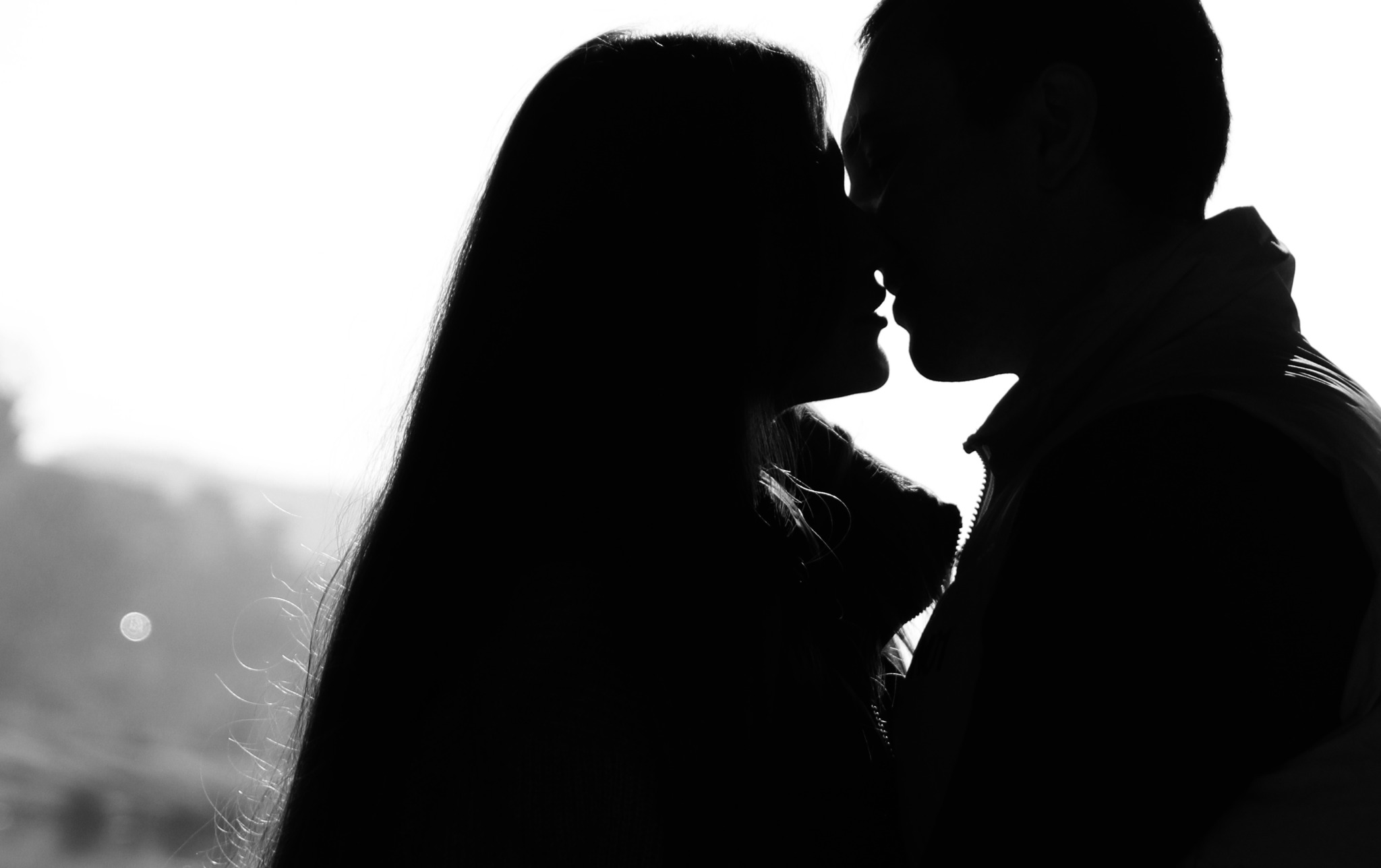 Czarno-biała sylwetka całującej się pary na tle jasnego, rozmytego krajobrazu.