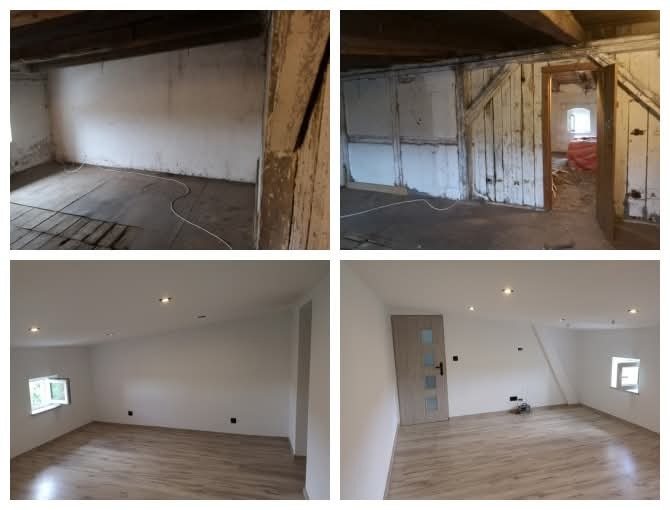 Kolaż: poddasze przed i po remoncie. Górne kadry ukazują surowe drewno i ślady demontażu, dolne – wykończone wnętrze z panelami, oknem i drzwiami.