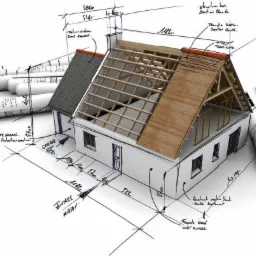 Wizualizacja 3D domu w trakcie budowy z widoczną konstrukcją dachu, częściowo pokrytą płytami, otoczona szkicami technicznymi z wymiarami.