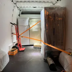 Wnętrze furgonetki z zabezpieczonymi lodówkami marki Amica i owiniętą folią lodówką transportowaną za pomocą wózka transportowego z pomarańczowymi pasami mocującymi.