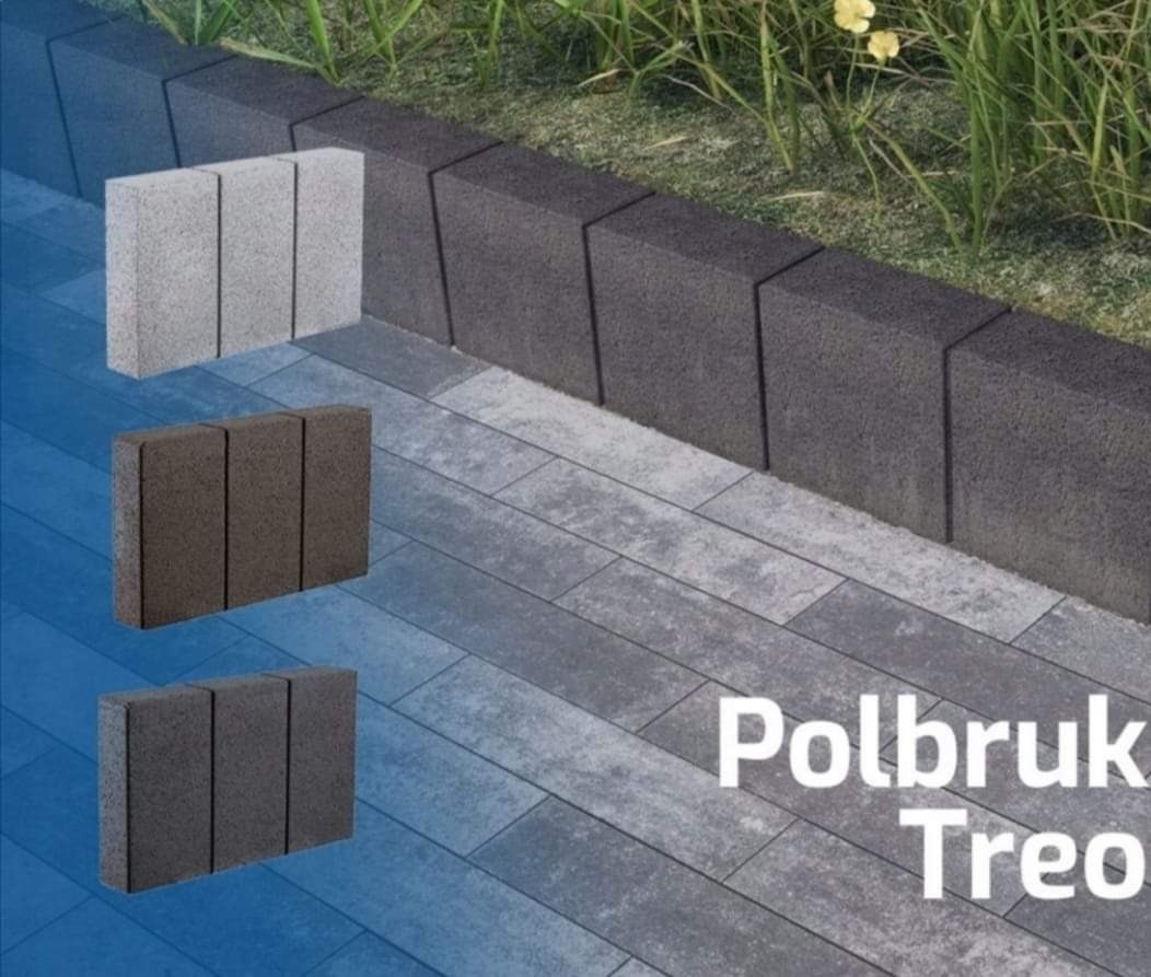 Aranżacja przestrzeni z wykorzystaniem kostki brukowej Polbruk Treo w różnych odcieniach szarości, z obrzeżami rabatowymi i fragmentem trawnika w tle.