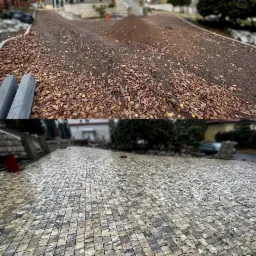 Dwa etapy budowy drogi w Ząbkowicach Śląskich: górna część pokazuje przygotowany teren z podsypką i rozsypanymi liśćmi, dolna część ukazuje ułożoną kostkę brukową w romby.