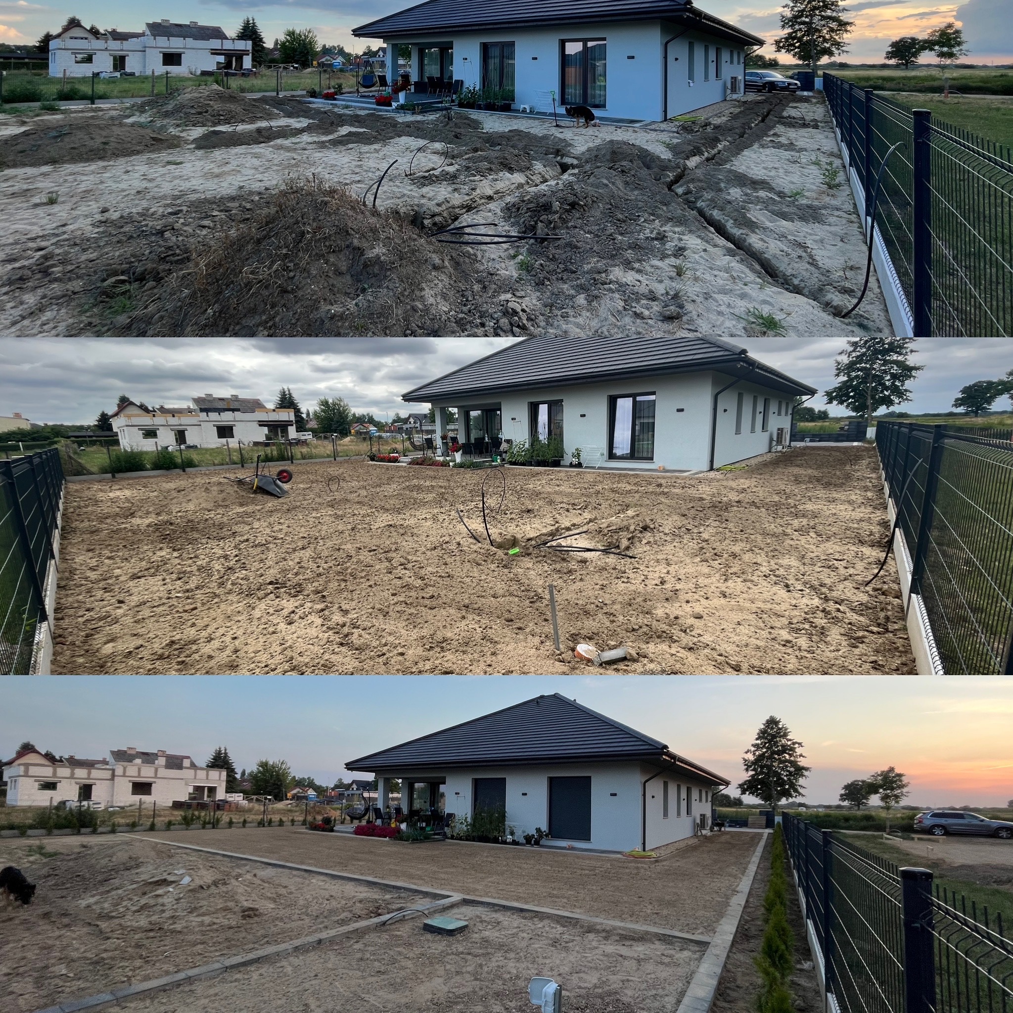 Etapy przygotowania terenu pod ogród przy nowym domu: wykopane rowy pod instalacje, wyrównany teren z widoczną rurą drenażową, obrzeża z kostki brukowej, przygotowany grunt pod trawnik. W tle dom...