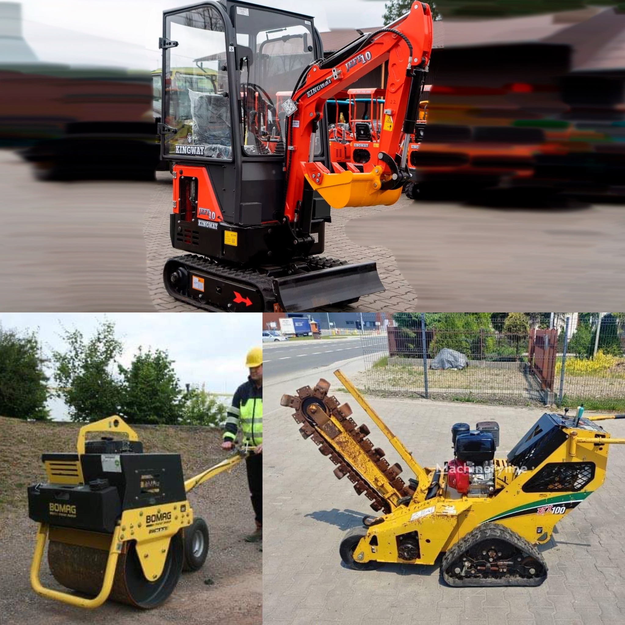 Zestawienie trzech maszyn budowlanych: mini koparka KINGWAY JEFF10, walec wibracyjny BOMAG i koparka łańcuchowa TX100, prezentowane na zewnątrz.