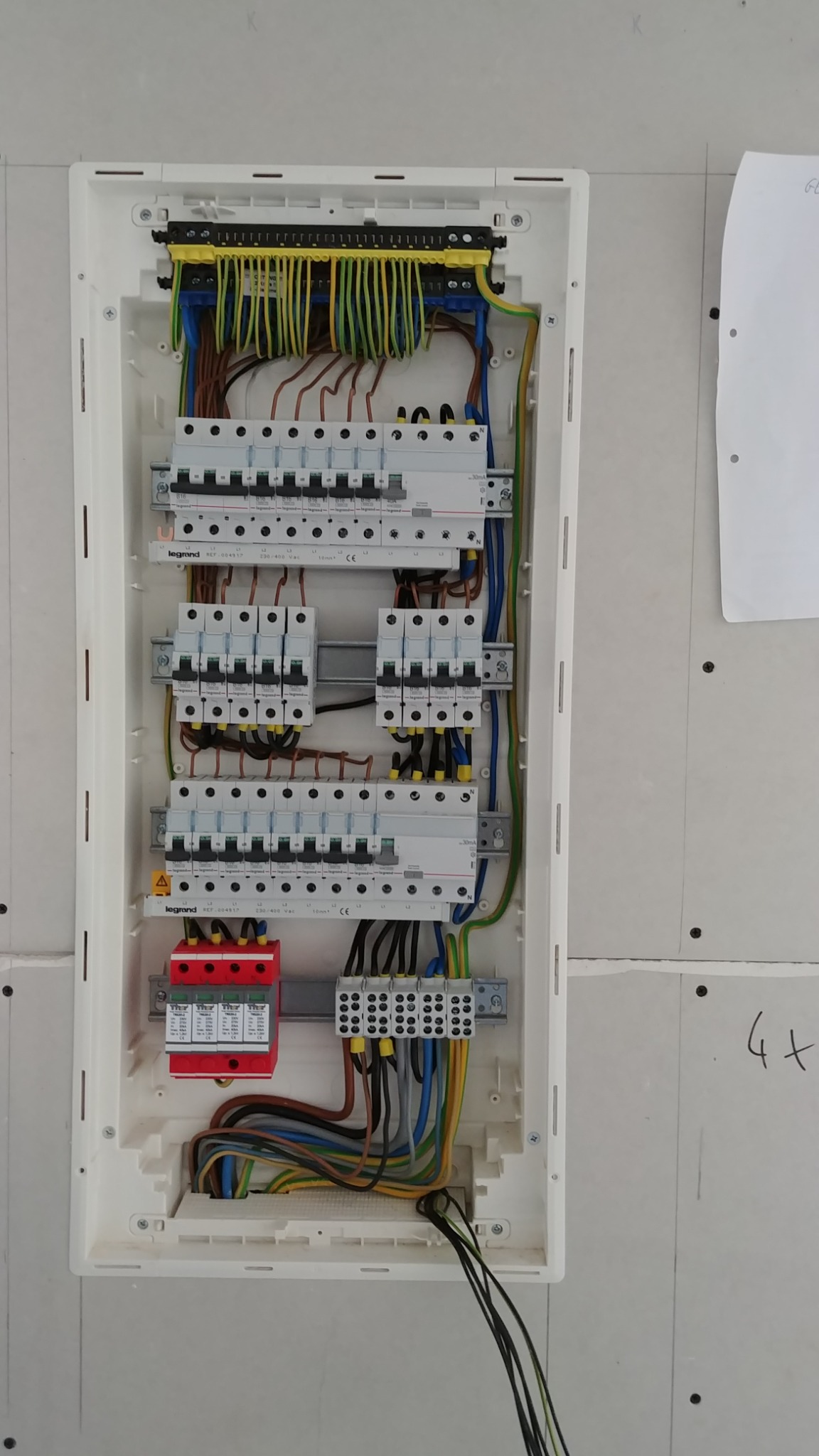 Rozdzielnica elektryczna Legrand w trakcie montażu na ścianie z płyt gipsowo-kartonowych, widoczne zabezpieczenia przepięciowe, przewody i bezpieczniki.