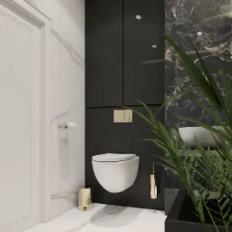 Wizualizacja nowoczesnej łazienki z wiszącą toaletą, umywalką nablatową na czarnym blacie i marmurowymi płytkami w odcieniach bieli i czerni, z akcentami w kolorze złotym i rośliną doniczkową...