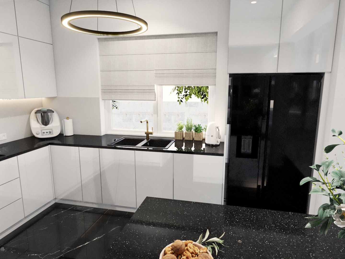Nowoczesna, minimalistyczna kuchnia z białymi szafkami, czarnym blatem z połyskiem i czarną podłogą. Okno z roletą rzymską, złota bateria i okrągła lampa sufitowa. Na blacie kuchennym zioła...