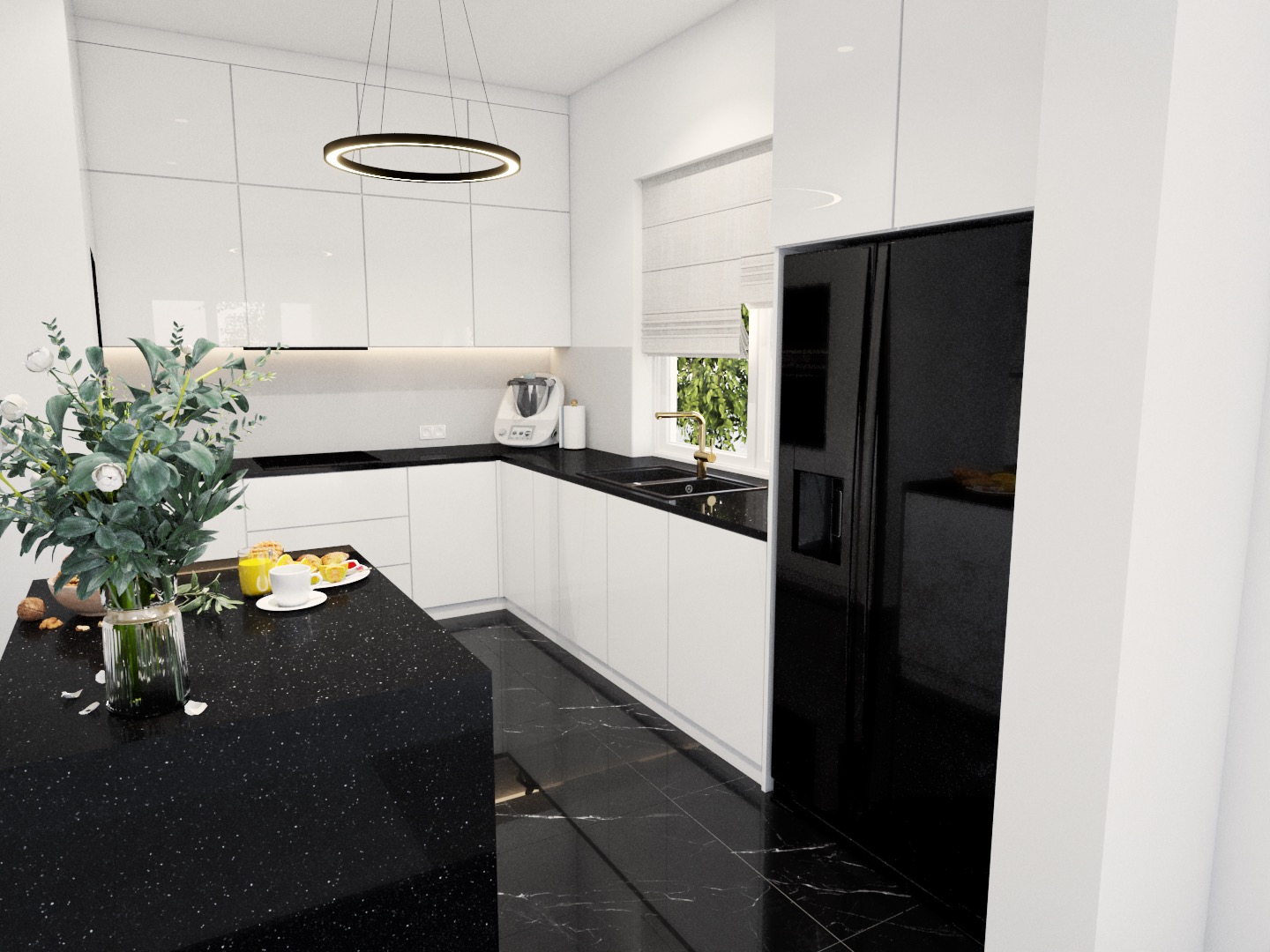 Nowoczesna kuchnia z białymi szafkami, czarnym blatem z białymi drobinkami i czarną podłogą z żyłami, oświetlona okrągłą lampą wiszącą. Na blacie stoi wazon z kwiatami, szklanka soku i talerz...