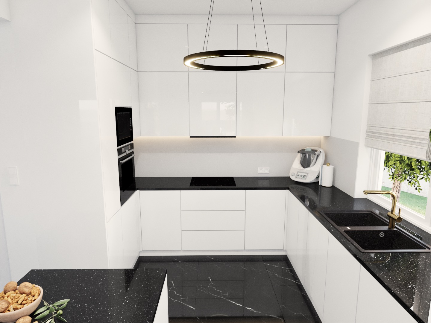 Nowoczesna kuchnia z białymi, lakierowanymi szafkami, czarnym blatem z efektem brokatu, czarną podłogą z marmurkowym wzorem i okrągłą lampą wiszącą. Na blacie stoi biały robot kuchenny i miska...