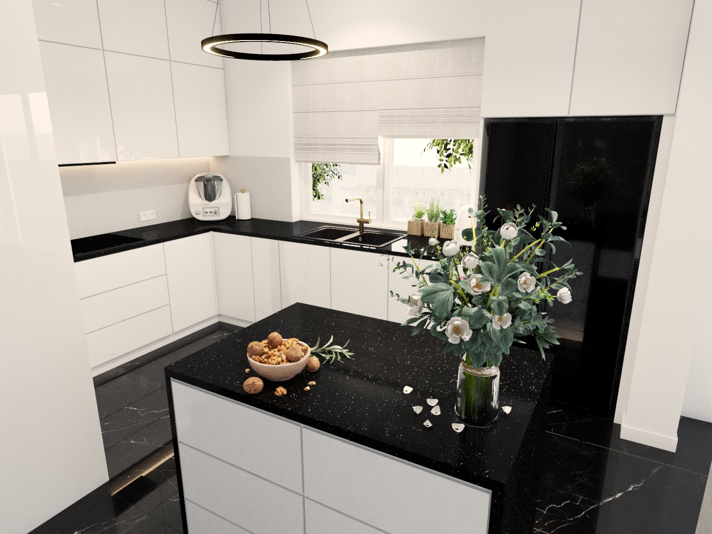 Nowoczesna, minimalistyczna kuchnia w bieli i czerni z wyspą, na której stoi wazon z białymi kwiatami i miseczka z orzechami. Czarny blat wyspy kontrastuje z białymi frontami szafek. Na blacie...