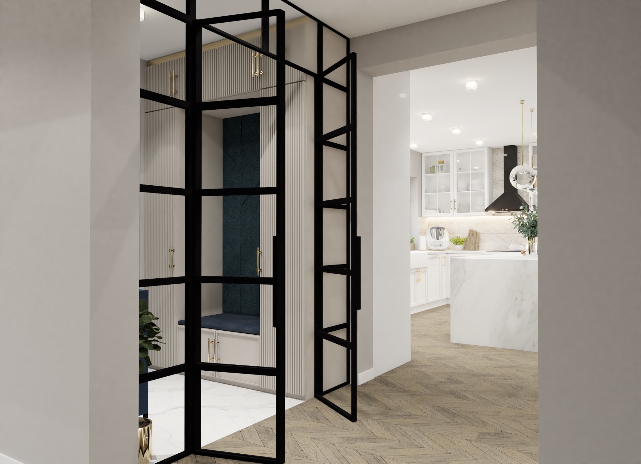 Nowoczesny przedpokój z zabudową w kolorze złamanej bieli, z siedziskiem obitym granatową tkaniną i przeszklonymi, czarnymi drzwiami. W tle widoczna jasna kuchnia z wyspą.