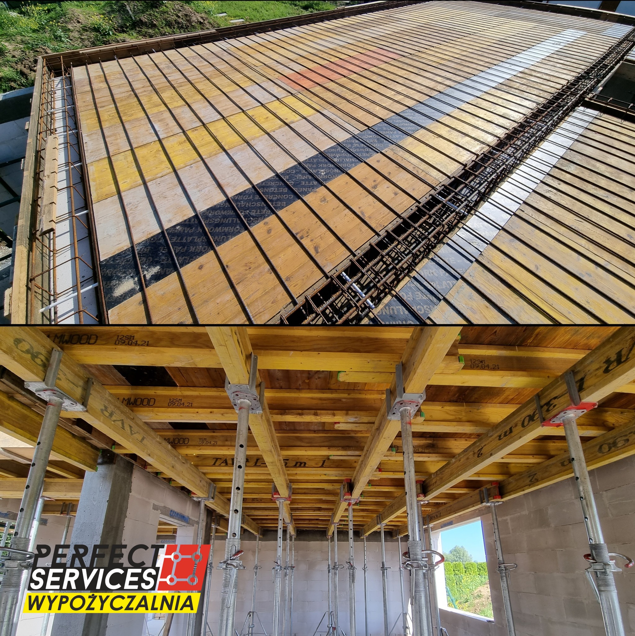 Szalunek stropowy z widocznym zbrojeniem i podporami teleskopowymi, widok z góry i od dołu, na budowie domu.