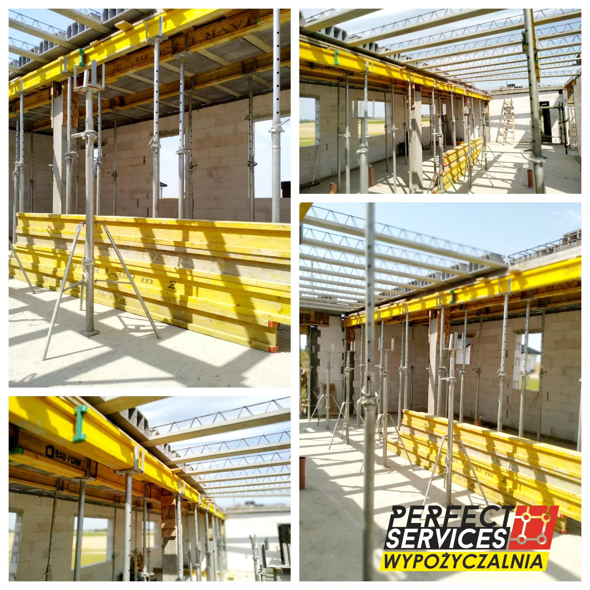 Wnętrze budynku w trakcie budowy z widocznymi ścianami z bloczków, podporami stropowymi i żółtymi szalunkami, z logo wypożyczalni sprzętu budowlanego w prawym dolnym rogu.