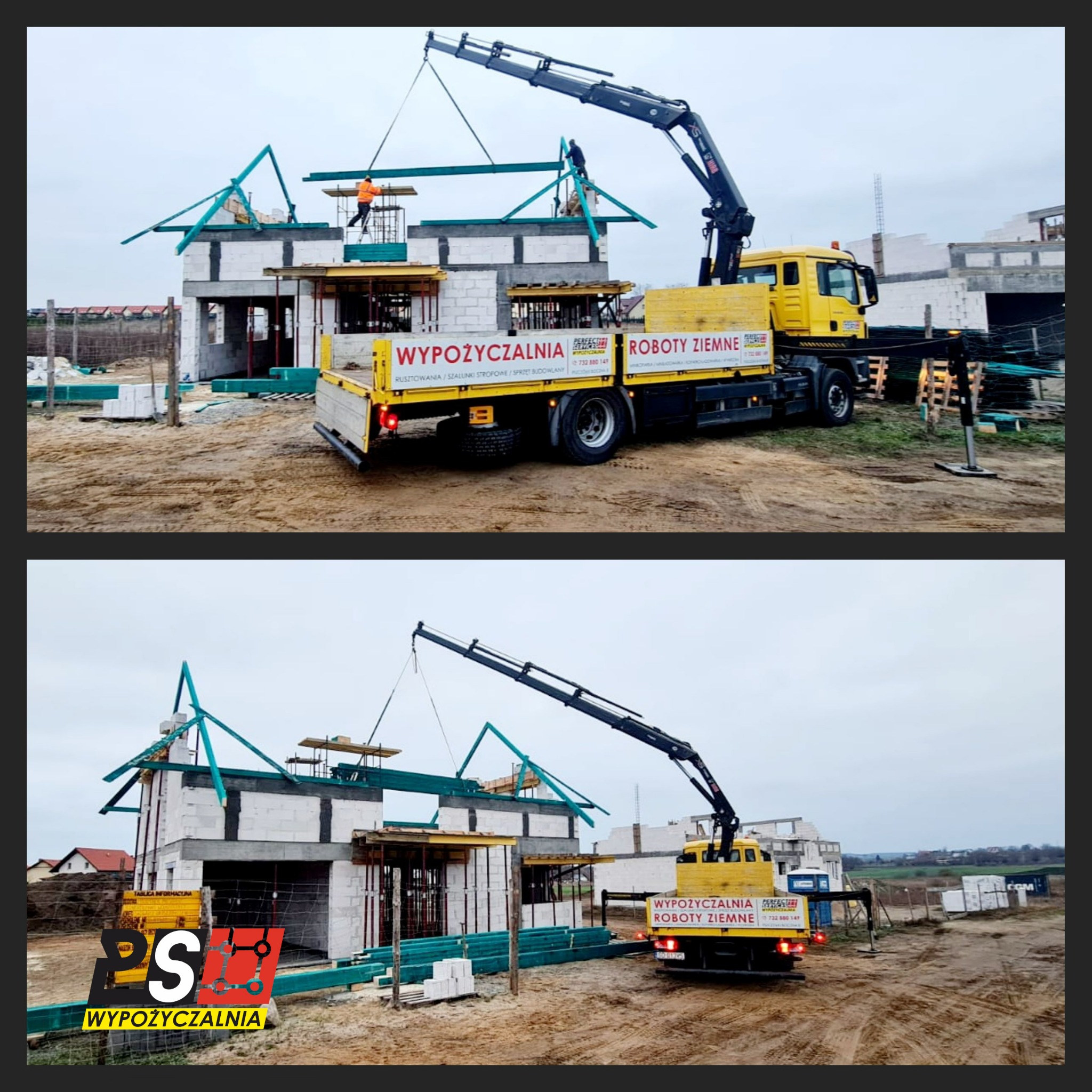 Żółty dźwig samochodowy podnosi belkę na budowę domu z białego bloczka, widoczni robotnicy na rusztowaniu, na samochodzie reklama wypożyczalni sprzętu budowlanego i usług ziemnych.