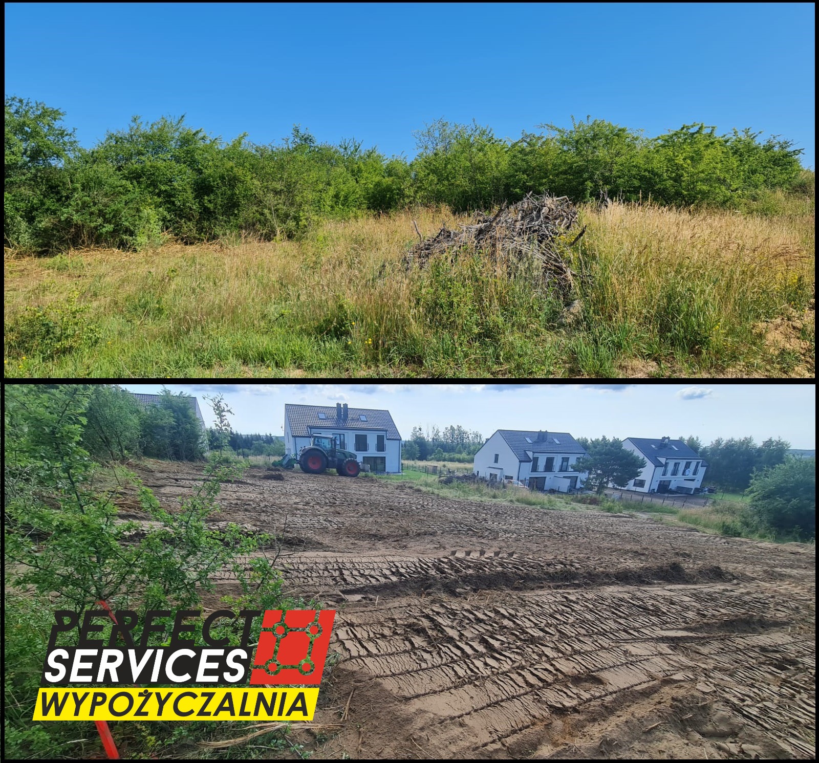 Zdjęcie typu 'przed i po' przedstawia teren przed i po wyrównaniu, z widocznym traktorem w tle i logo firmy w rogu.