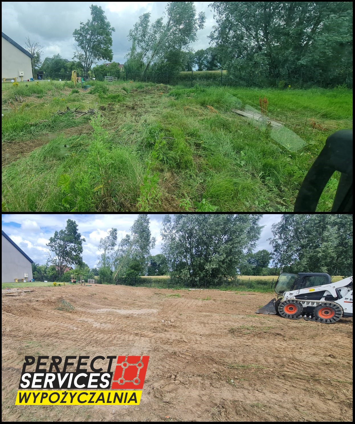 Porównanie terenu przed i po wyrównaniu z użyciem minikoparki Bobcat; widoczny efekt niwelacji gruntu oraz logo firmy wypożyczającej sprzęt.