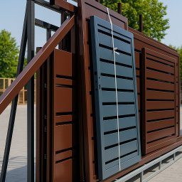 ORNARE sp. z o.o. - Elementy bramy przesuwnej w kolorach brązowym i szarym, zabezpieczone taśmą, czekają na montaż. Widoczne detale konstrukcyjne i wykończenie.