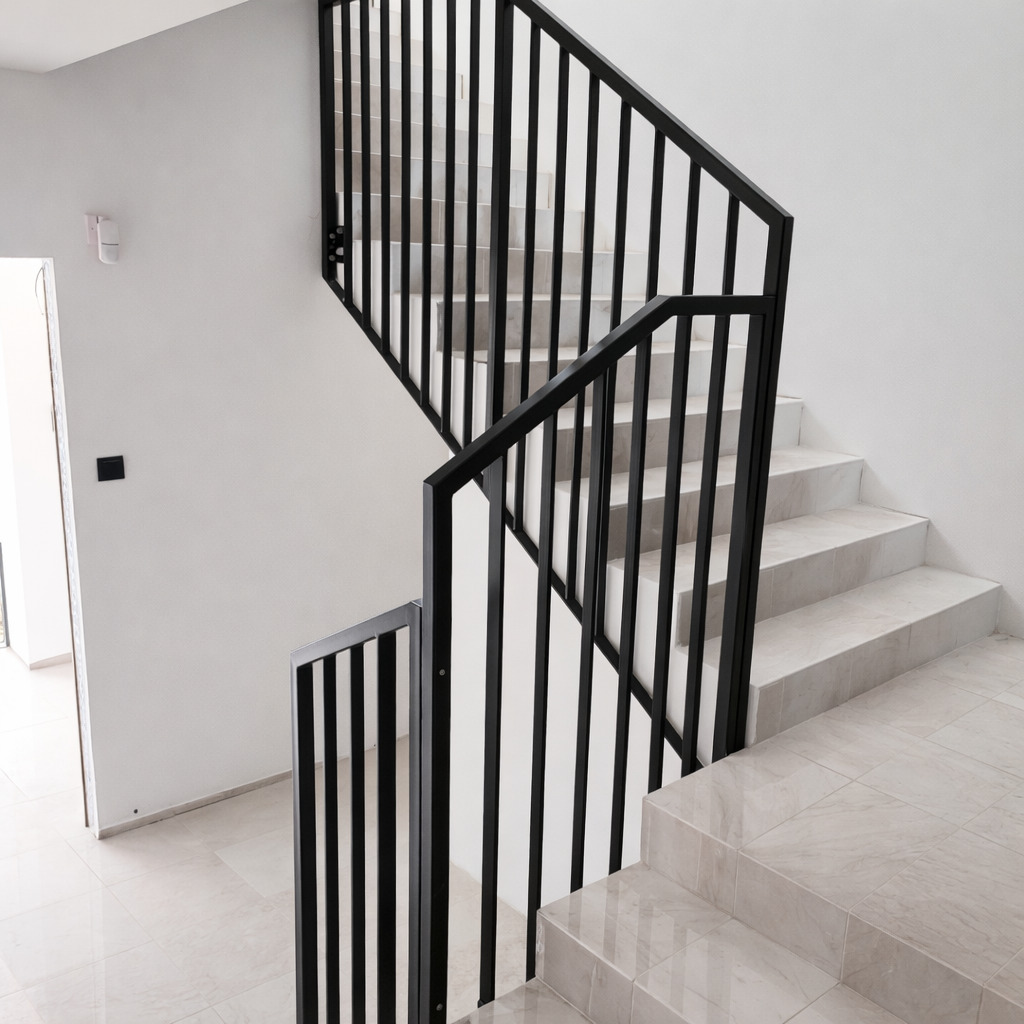 Minimalistyczne schody z czarną, metalową balustradą w nowoczesnym wnętrzu. Jasne płytki na stopniach i podłodze, białe ściany. Ujęcie z góry, podkreślające geometrię.