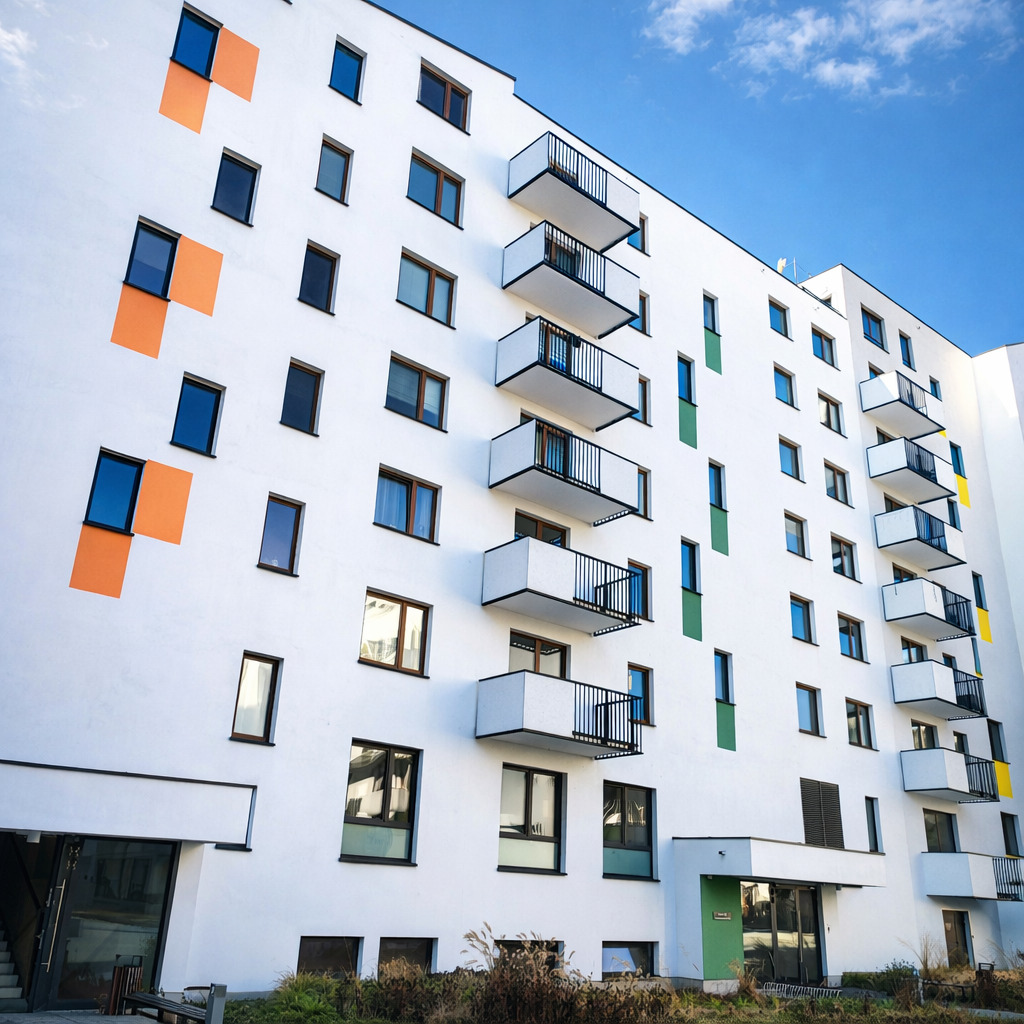 Biały budynek wielorodzinny z balkonami o czarnych balustradach, ujęcie z dołu, błękitne niebo w tle. Nowoczesna architektura z kolorowymi akcentami.