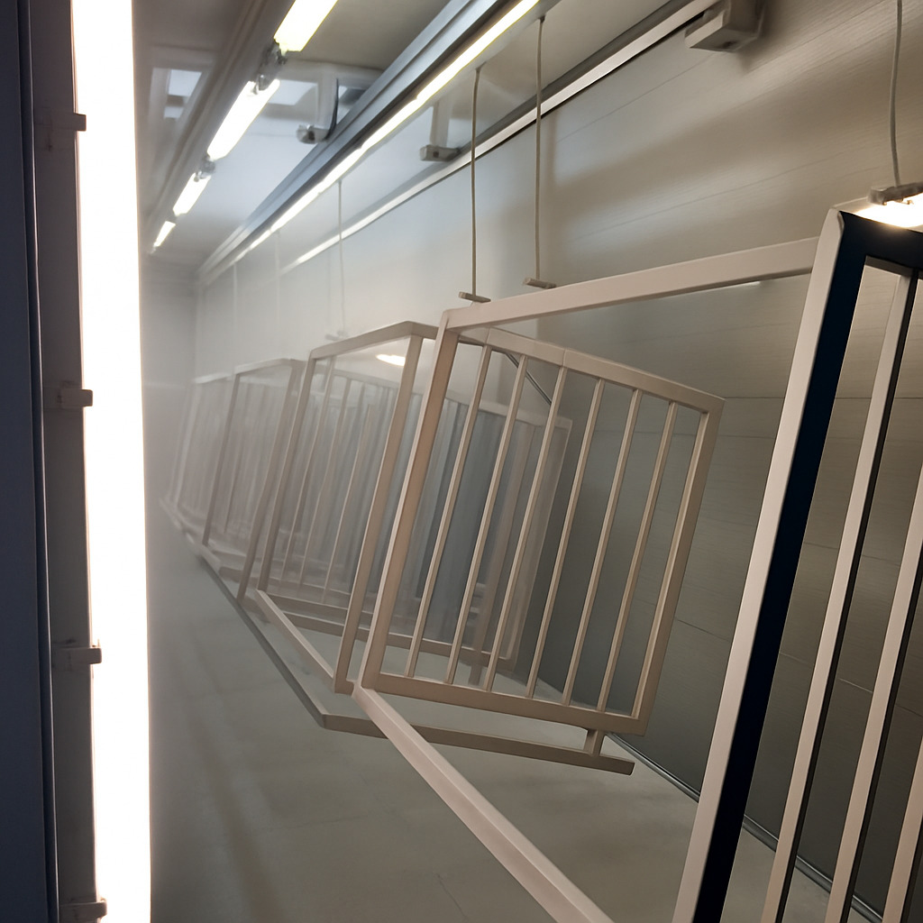 Metalowe elementy balustrad w trakcie malowania proszkowego w komorze lakierniczej. Widoczne zawieszone konstrukcje i dysze rozpylające farbę.
