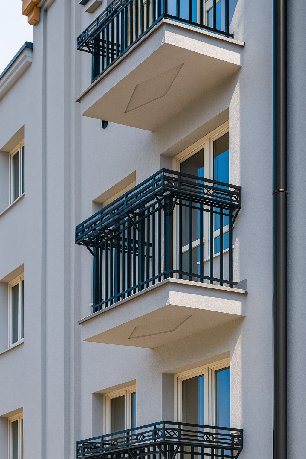 Elewacja budynku z balkonami o czarnych, metalowych balustradach. Balkony z geometrycznym wzorem na spodzie, okna z odbiciem nieba. Pionowy kadr.