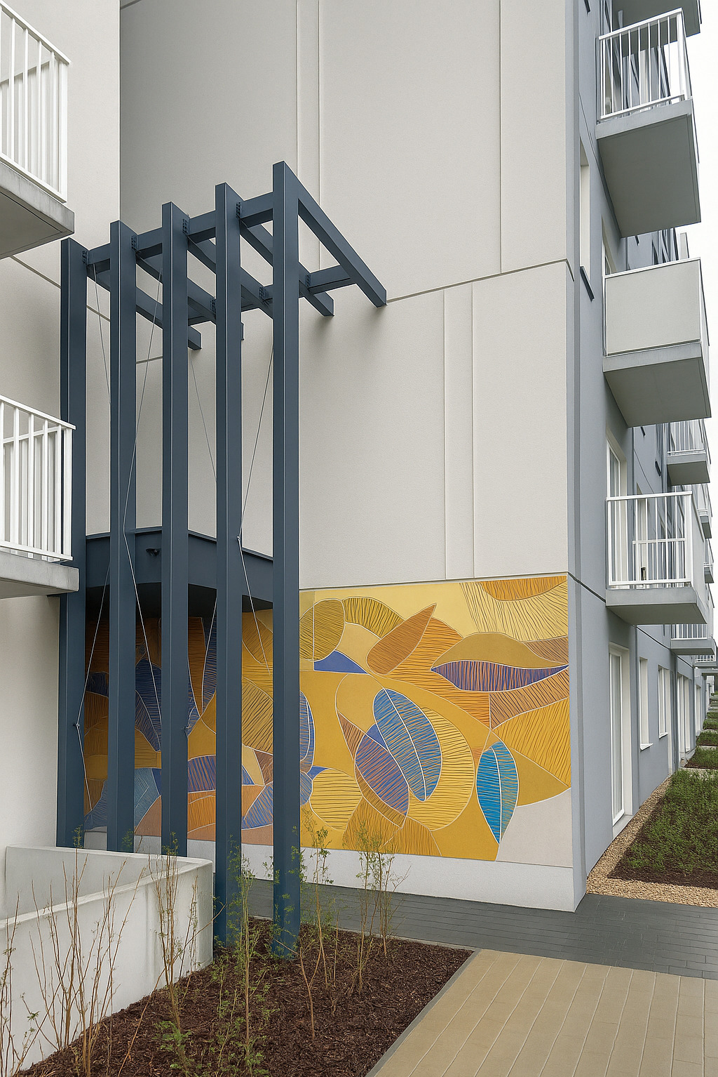 Nowoczesna, metalowa konstrukcja wspierająca balkony budynku z dekoracyjnym panelem ściennym w odcieniach żółci i błękitu. Widok z poziomu chodnika.