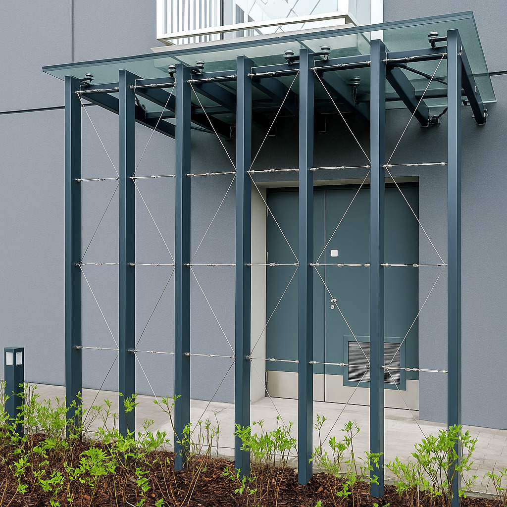 Nowoczesna, szklana wiata nad wejściem do budynku, wsparta na metalowej konstrukcji z subtelnymi, krzyżowymi linkami. U dołu widoczne zielone rośliny.