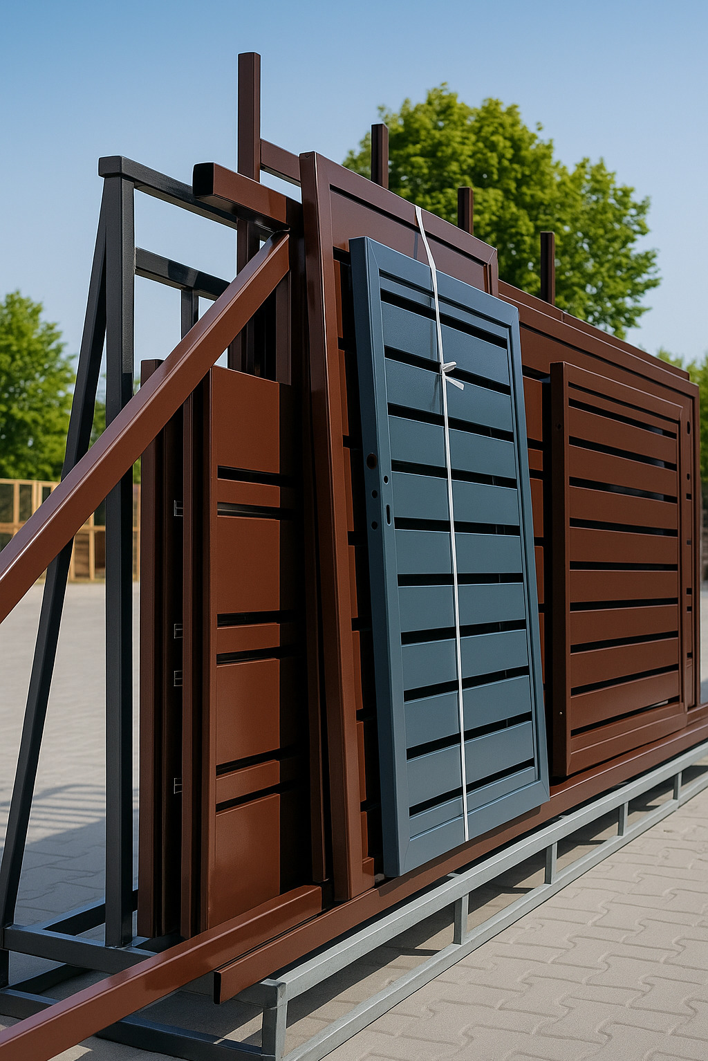 Elementy bramy przesuwnej w kolorach brązowym i szarym, zabezpieczone taśmą, czekają na montaż. Widoczne detale konstrukcyjne i wykończenie.