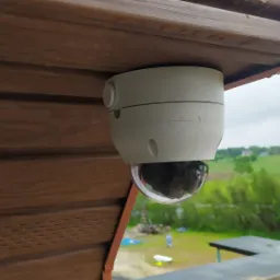 Kamera kopułkowa monitoringu przymocowana do drewnianej podbitki dachu, z widokiem na zielone wzgórza w tle.