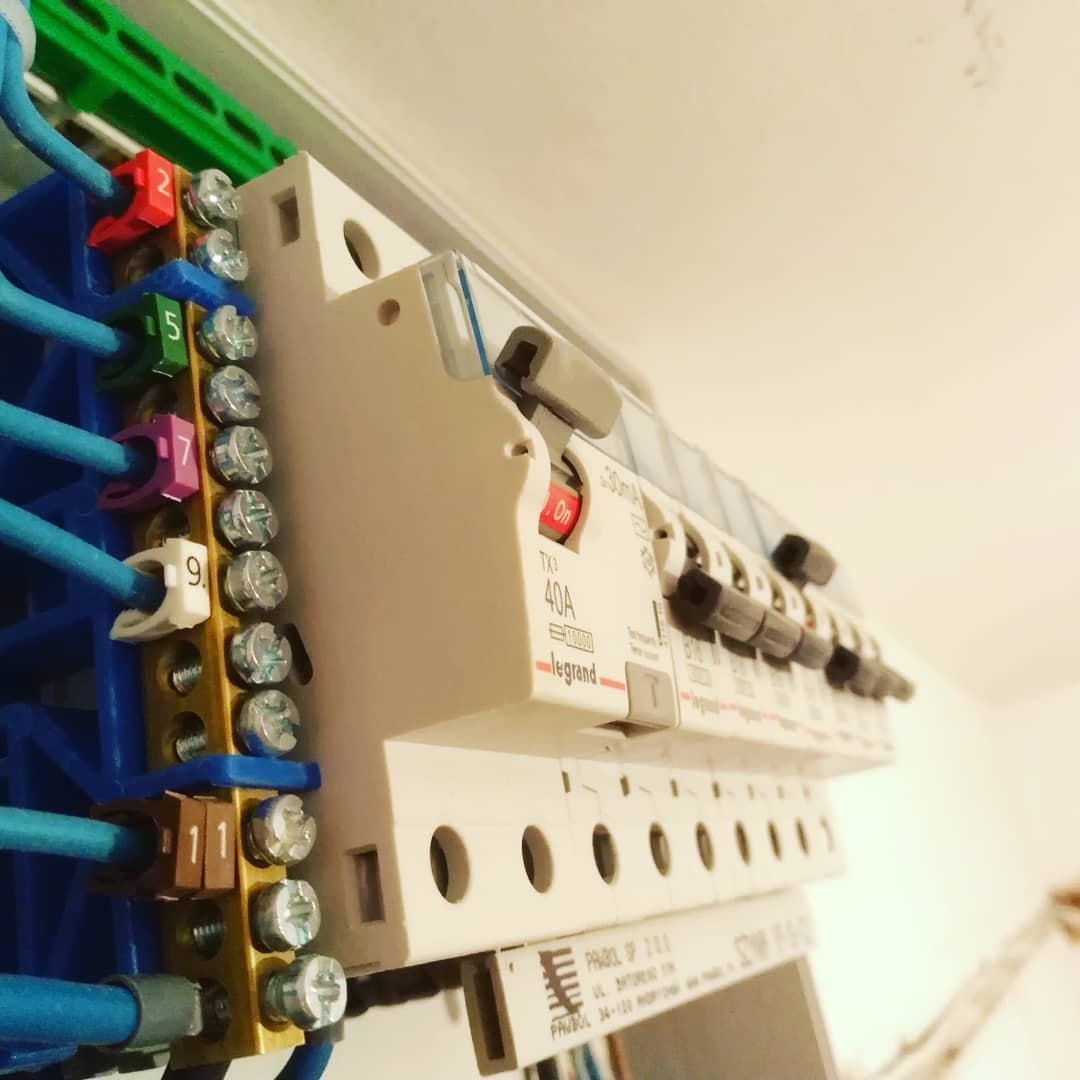 Szczegółowe ujęcie rozdzielnicy elektrycznej z widocznymi bezpiecznikami Legrand, listwą zaciskową z ponumerowanymi złączkami i niebieskimi przewodami, zamontowanej na zielonej szynie DIN.