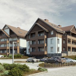 EVEN SP. z o.o. - Wizualizacja dwóch budynków apartamentowych w stylu górskim z balkonami, parkingiem i otoczeniem zieleni.