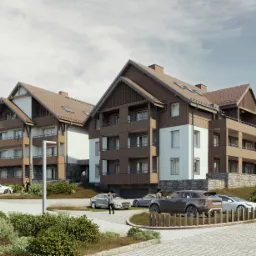 Wizualizacja dwóch budynków apartamentowych w stylu górskim z balkonami, parkingiem i otoczeniem zieleni.