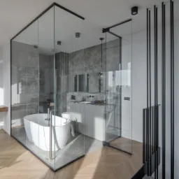 Nowoczesna łazienka z przeszkloną kabiną, wolnostojącą wanną i marmurowymi płytkami. Parkiet w jodełkę i minimalistyczne oświetlenie podkreślają elegancję.