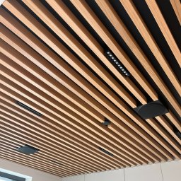 EVEN SP. z o.o. - Drewniany sufit lamelowy z oświetleniem punktowym i głośnikiem, nowoczesny design wnętrza, widok z dołu, minimalistyczny styl.