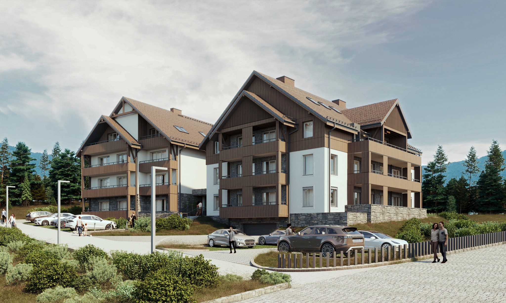 Wizualizacja dwóch budynków apartamentowych w stylu górskim z balkonami, parkingiem i otoczeniem zieleni.