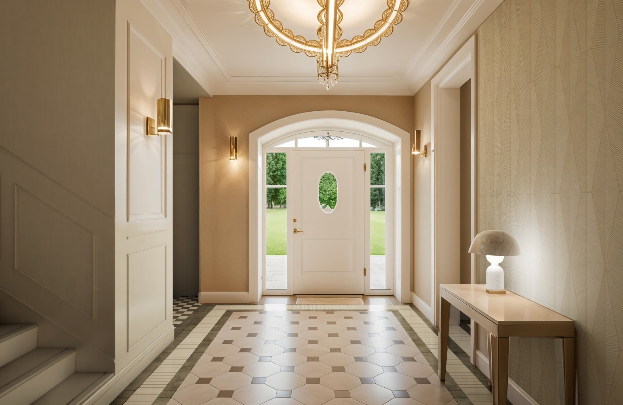 Elegancki hol z marmurową lampą na drewnianym stoliku, widok na białe drzwi wejściowe i ogród. Dekoracyjne oświetlenie sufitowe i geometryczne płytki podłogowe.
