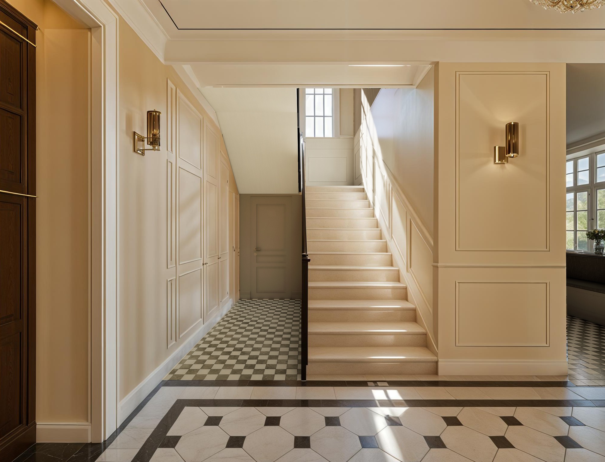 Eleganckie wnętrze: kremowe ściany z panelami, schody z beżowego kamienia i kontrastująca podłoga z geometrycznym wzorem. Oświetlenie podkreśla detale wykończenia.