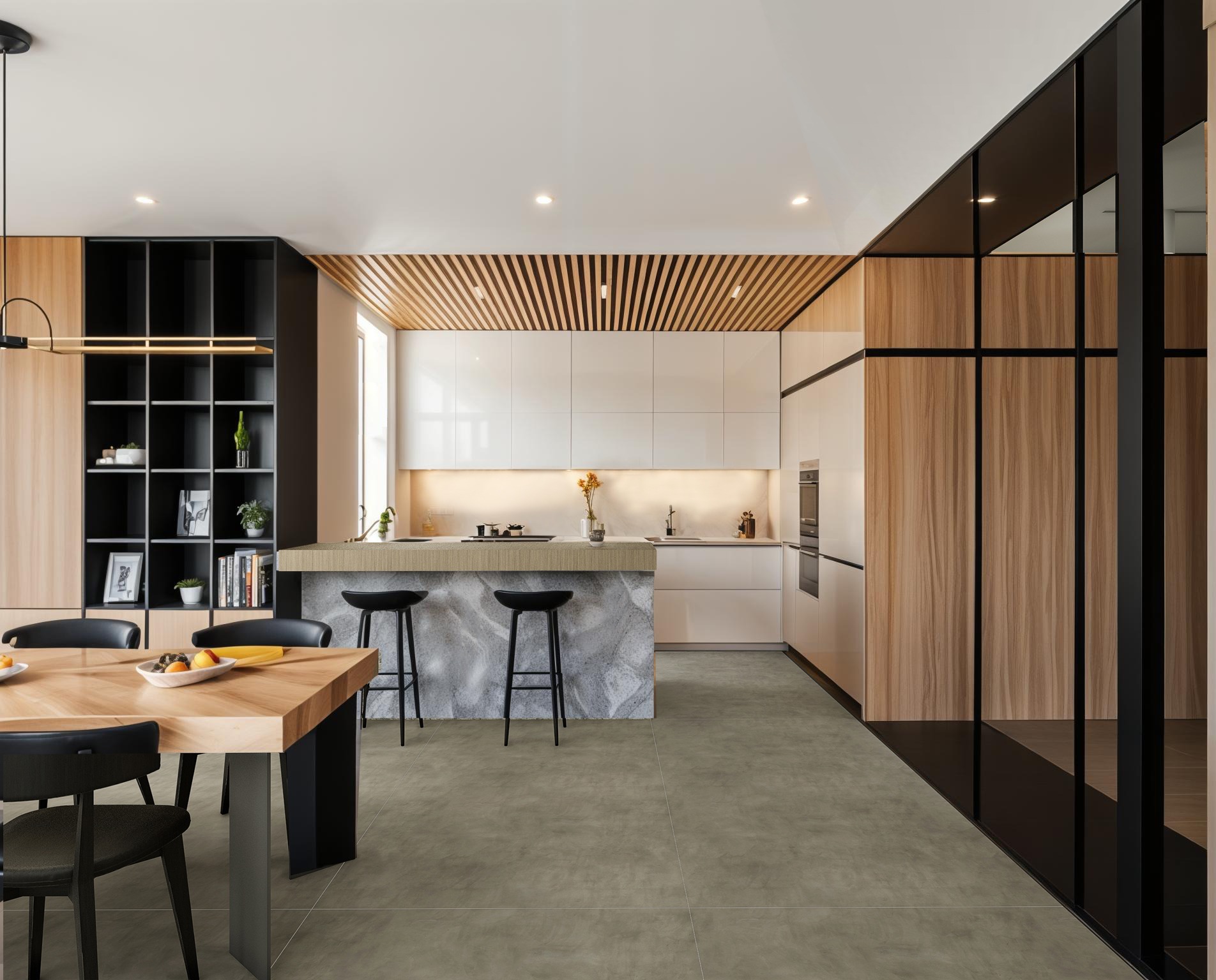Nowoczesna kuchnia z wyspą i drewnianymi akcentami. Widoczne krzesła barowe, stół z owocami, zabudowa kuchenna z drewnianymi elementami i dekoracyjny sufit.