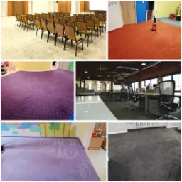 Kompozycja zdjęć przedstawiająca różne pomieszczenia z dywanami: sala konferencyjna z krzesłami, pokój dziecięcy z czerwonym dywanem i odkurzaczem, fioletowy dywan w pokoju dziecięcym po praniu...