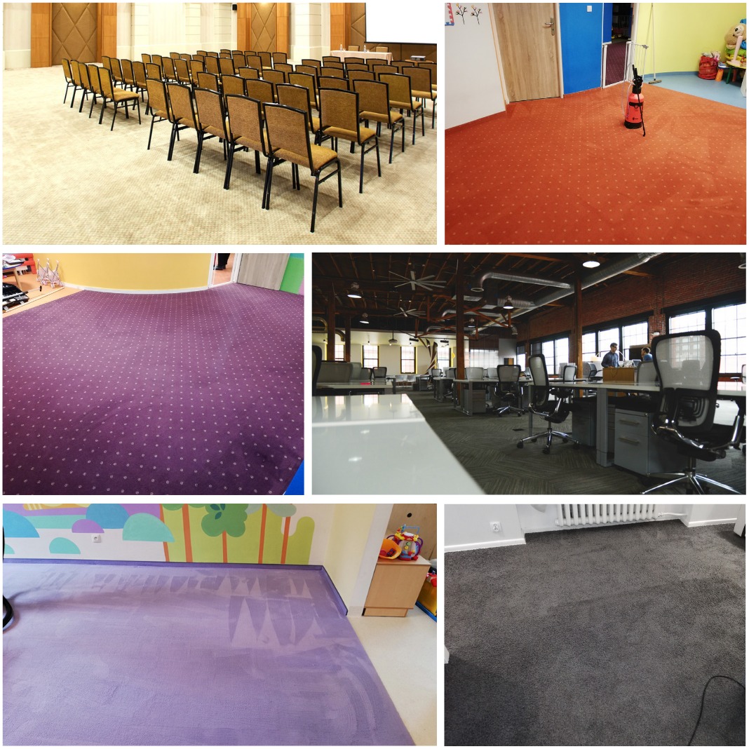 Kompozycja zdjęć przedstawiająca różne pomieszczenia z dywanami: sala konferencyjna z krzesłami, pokój dziecięcy z czerwonym dywanem i odkurzaczem, fioletowy dywan w pokoju dziecięcym po praniu...