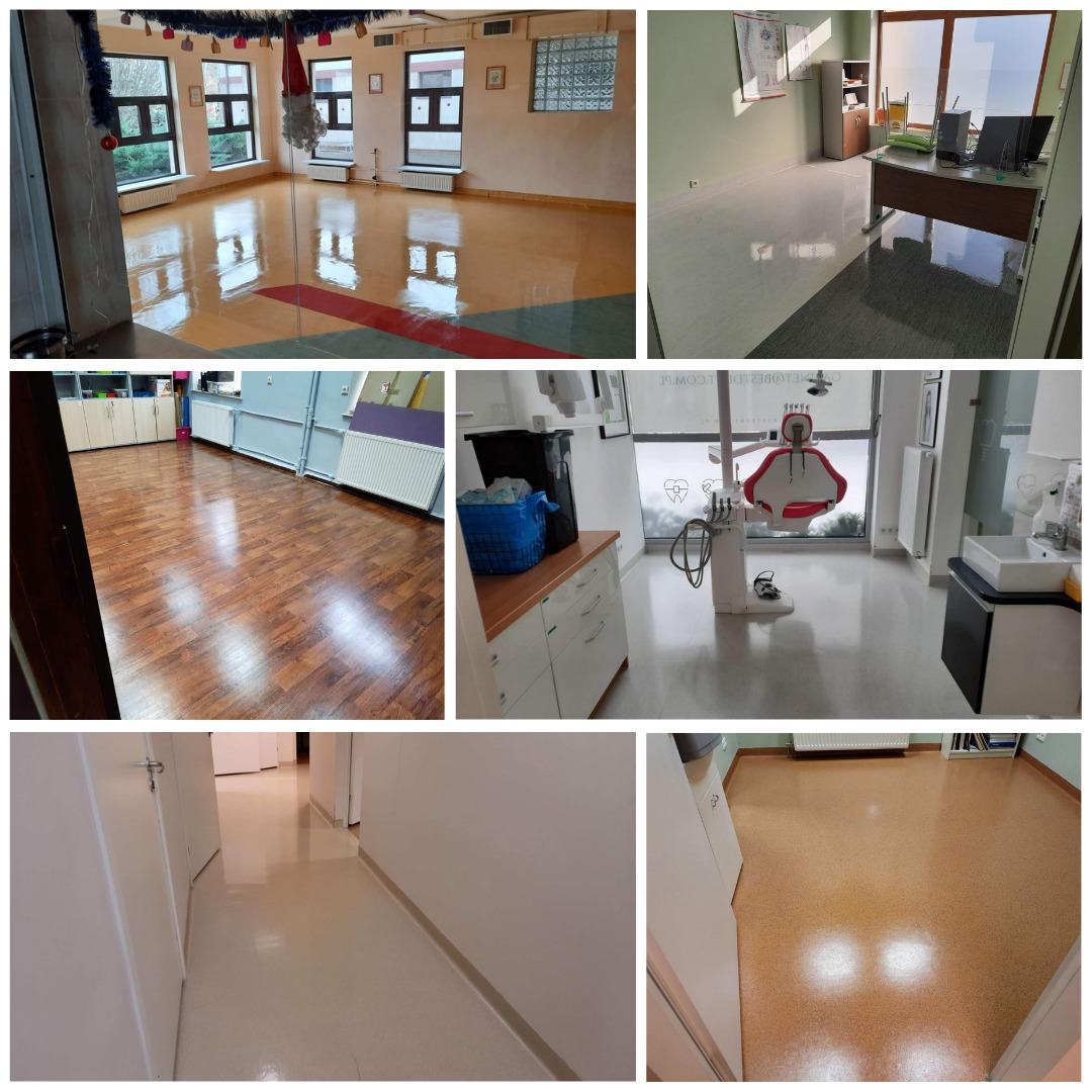 Kompozycja zdjęć przedstawiająca błyszczące podłogi w różnych pomieszczeniach biurowych i medycznych, z widocznym oświetleniem i odbiciami, ukazująca czystość i porządek.